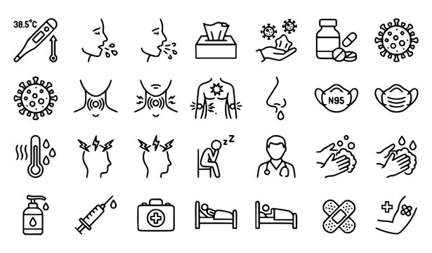 Flu outline icon set medical healthcare symptom vector illustration isolated white background