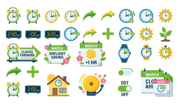 Isometric spring forward icons set clocks calendars seasonal time concept