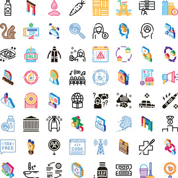 Icons illustrating diverse themes from healthcare and environment to internet and finance, presenting a broad spectrum of concepts and services in a minimalist graphic style