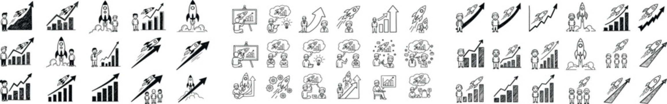 Comprehensive Business Growth and Financial Success Chart Icon Set Featuring Rising Graphs Bar Charts and Arrows for Corporate Marketing and Economic Analysis Projects