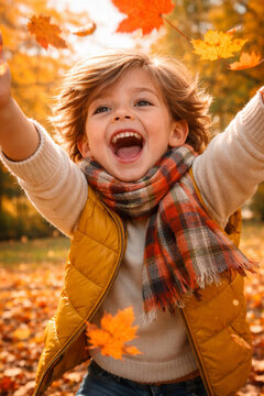 Happy child playing in autumn leaves with joyful expression