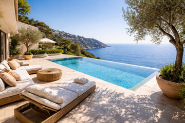 Obraz premium Luxurious infinity pool with ocean view in sunny setting