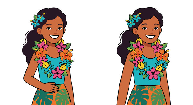 Set of two images showing a smiling polynesian teen girl wearing a colorful tropical hawaiian flower lei garland and hibiscus in hair on white background concept of national culture and summer tourism
