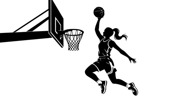 Woman basketball player layup silhouette, Female athlete dunking basketball vector, Women basketball sport vector icon, Girl playing basketball slam dunk