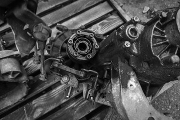 Fototapeta premium old car gearbox dirty from a front-wheel drive car dismantled for repair 