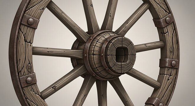 Old wooden wagon wheel with rustic metal rim against plain white background