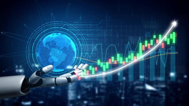 A robotic hand reaches out toward a digital financial graph, symbolizing the intersection of technology and finance in the modern business world. Copula