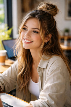 Young woman smiling while working on a laptop in a caf&eacute;