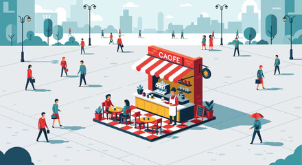 Isometric Cafe Kiosk in City Square with People Walking Around © Il