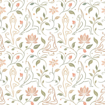 Seamless pattern with yoga poses and floral botanical elements