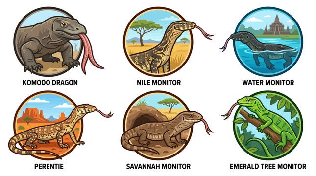 A group of six monitor lizards including Komodo dragon, Nile monitor, Water monitor, Perentie, Savannah monitor, and Emerald tree monitor in their natural habitats with trees and water.
