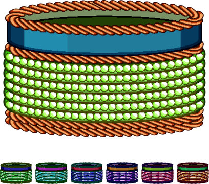 Cultural stack of intricate indian churi bracelets featuring vibrant pink twisted cords, sparkling golden beads, and a rich green ribbon, representing traditional adornment