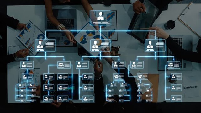 A dynamic corporate workspace showcases team collaboration with digital hierarchies, project management tools, and data analysis. Professionals engage over visual charts and reports. Raster