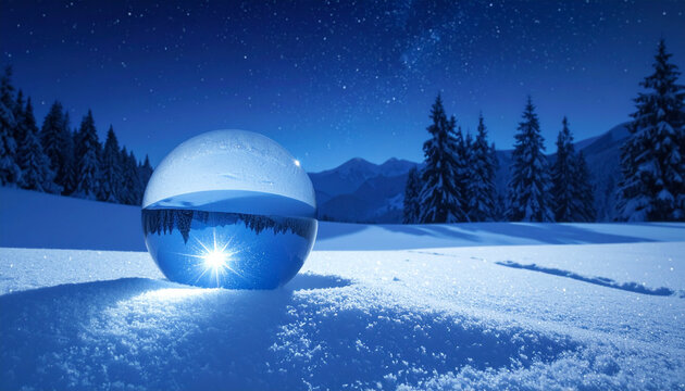Crystal ball reflects winter forest night landscape with starry sky and snow