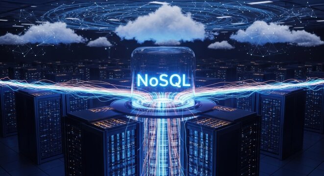 NoSQL database server room with glowing blue lights