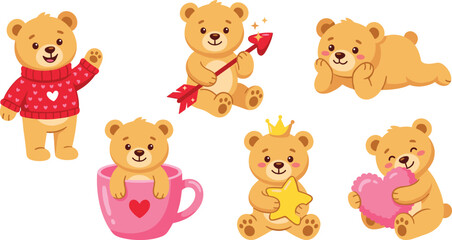 Fototapeta premium Adorable Teddy Bear Vector Icon Set Featuring Cute Characters with Hearts Cupids Bow Sweaters Stars and Crowns for Valentines Day and Nursery Graphic Design Projects
