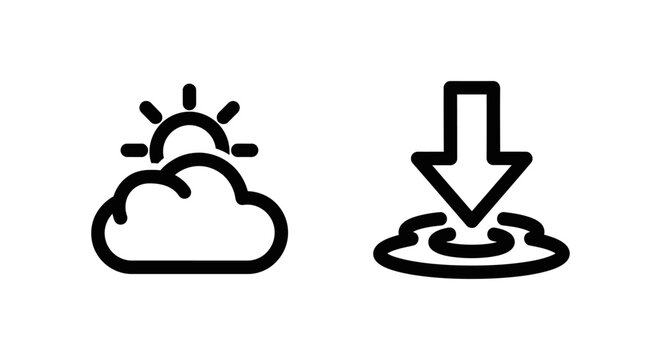 Minimalist line style icons representing cloudy weather forecast with sun and cloud and a download or entry command action with downward arrow download interface graphics meteorology