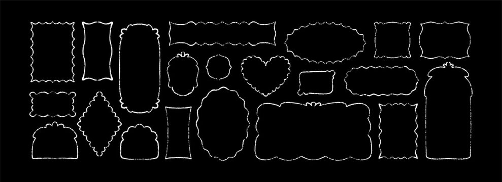 Set of quirky hand drawn white chalk whimsical frames on the blackboard. Crayon heart shape, arch, rectangle, square shape sketch paint brush borders. Funky childish grunge boarders, bubbles, text box