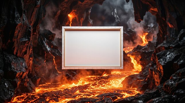 A light wood framed canvas hovers above flowing lava in a dark volcanic cavern with black rocks and steam.