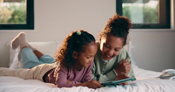 Siblings, tablet or high five on bed for learning, bonding or development together in home. Success, praise or children with support for girl with digital quiz, test or good answer on educational app