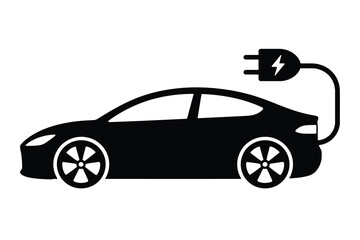 Fototapeta premium Black electric car vector illustration. EV sedan with battery charging plug side view silhouette.