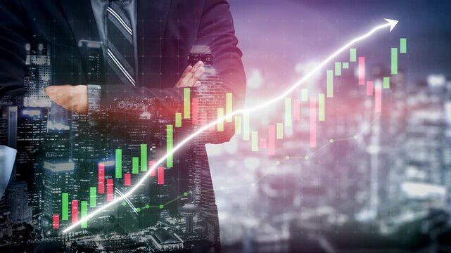 A businessman stands confidently in front of a digital stock market graph illustrating financial growth with an upward arrow, representing investment success in a vibrant city. Copula