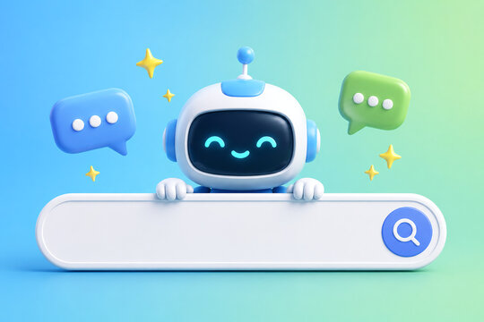 3D Cute AI Chatbot Character Peeking Over Blank Search Bar with Copy Space and Chat Bubbles for Web and Mobile UI Design