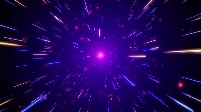 Neon laser speed lines background with glowing violet particle tunnel and fast hyperspace light burst