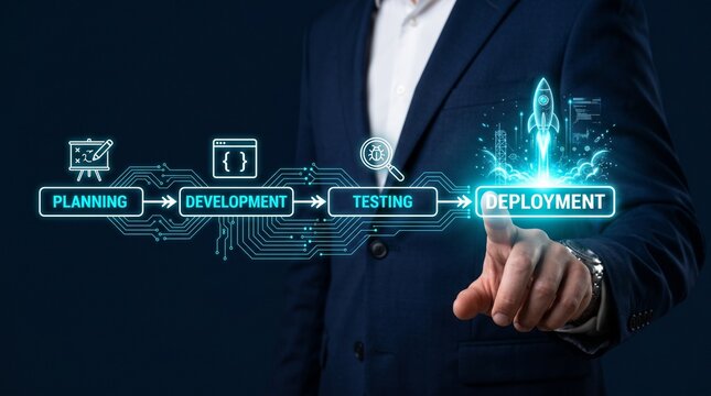 Businessman interacting with software development lifecycle process flow, dark background