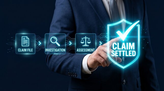 Businessman touching virtual claim settled button with glowing icons