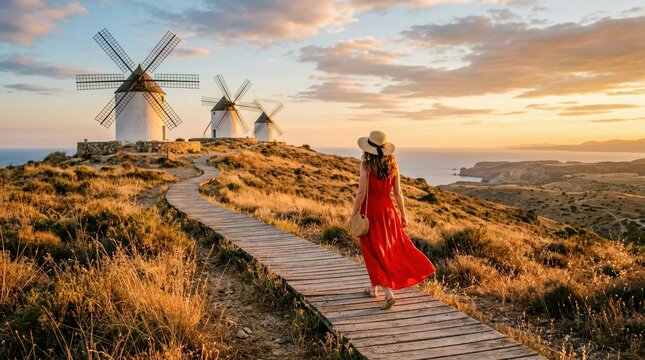 Woman in Red Dress Walks Towards Historic Windmills at Sunset.