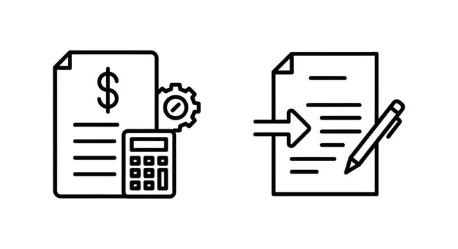 Business billing and invoice generation document process icons set with business document calculator accounting generation management commerce transaction currency software