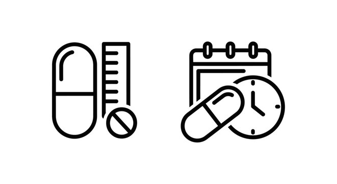Medical pill dosage and medication schedule line icons for healthcare management and pharmacy treatment planning with schedule medicine calendar pharmacy prescription healthcare