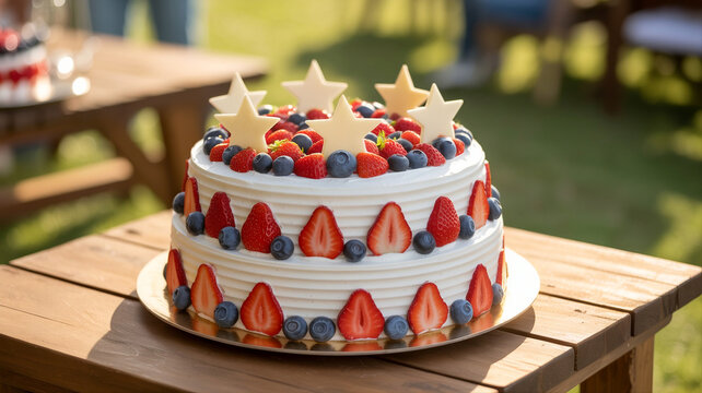 AI-generated Memorial Day patriotic layer cake with red white and blue frosting and star decorations for summer holiday celebration