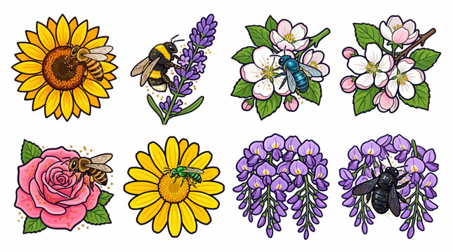 A vibrant illustration of various colorful flowers and buzzing bees in a lively garden scene with sunflowers, roses, and lavender.
