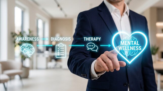 Businessman interacting with mental wellness interface in office