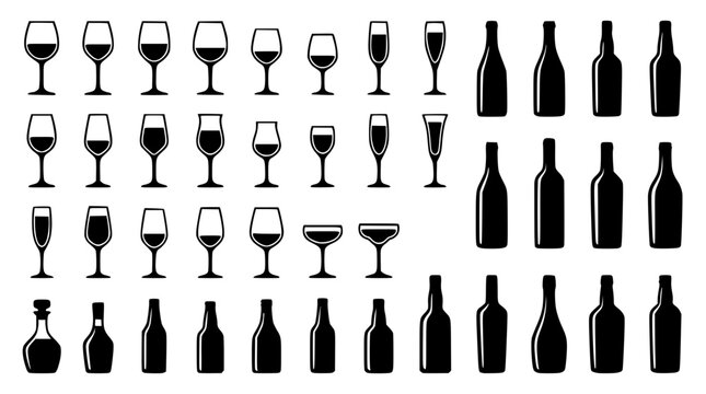 Wine glasses and bottles in black silhouette vector graphics