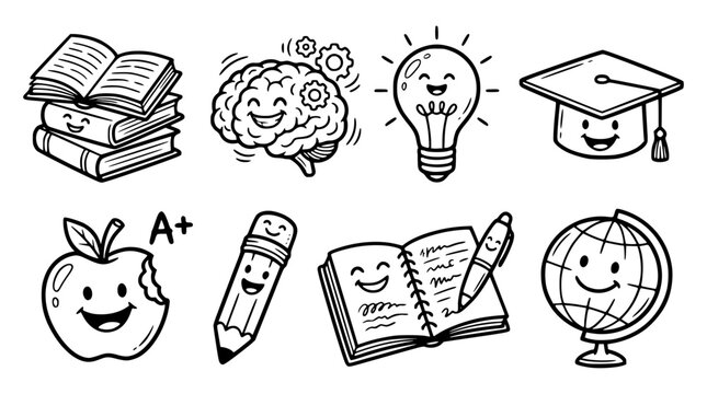 Educational icons with smiling faces and school supplies
