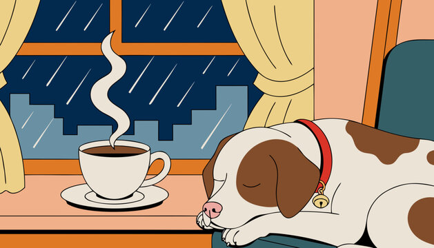 Very beautiful adorable dag resting beside a steaming coffee cup near a rainy window with warm cozy atmosphere in charming semi-realistic vector illustration style.