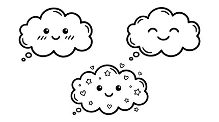 Fototapeta premium Cute cartoon thought clouds with happy faces and stars