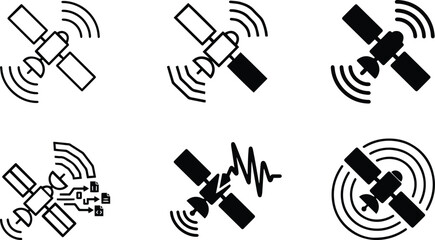 Satellite communication icon set showing orbiting spacecraft signal waves telemetry transmission and space network symbols in black white vector style © MdAtair