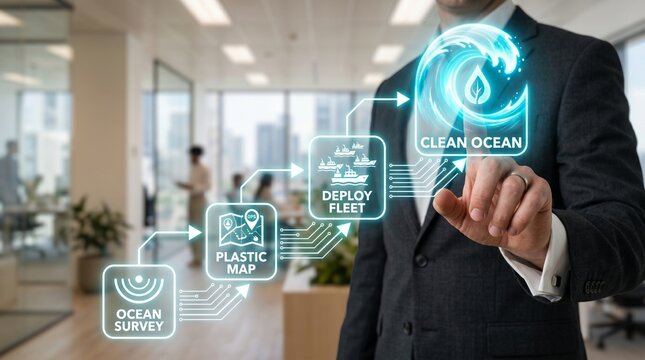 Businessman interacting with virtual eco-friendly interface in office
