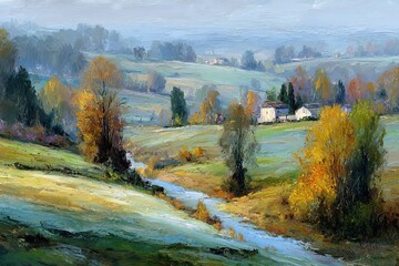 Obraz premium Serene Autumn Landscape Painting with River and Distant Farmhouse.