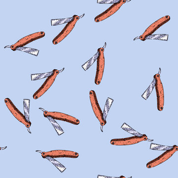 pattern sharp barber straight razor hand drawn. edge steel, honing strop, lather beard sharp barber straight razor vector sketch illustration