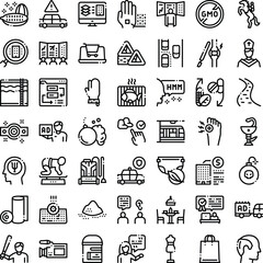 Fototapeta premium Set of minimalist line icons representing a wide array of topics including technology, health, security, travel, education, food, business, sports, and daily activities