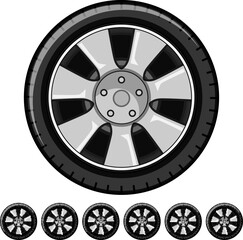 Fototapeta premium tire wheel car cartoon. auto black, vehicle speed, sport road tire wheel car sign colorful illustration