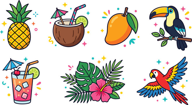 Tropical Summer Vacation Icon Set with Pineapple, Coconut Cocktail, Mango, Hibiscus Flower, Monstera Leaves, Toucan, and Macaw Parrot Vector Illustration Elements