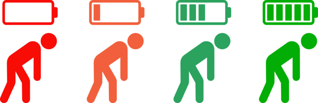 Energy levels and human effort illustration of battery charge and exhaustion correlation