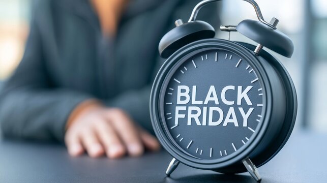 Alarm clock displaying Black Friday text, promoting sales and limited time offers. Person waiting for the consumer retail event