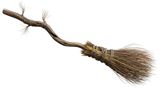 A rustic witch's broom with a gnarled wooden handle, tied with twine and natural straw bristles, isolated against a solid black background